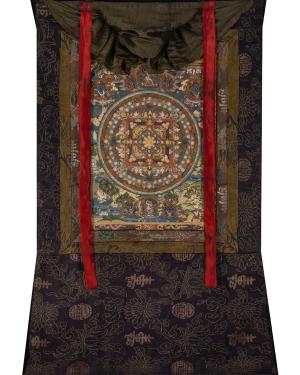Original Vintage hand painted Buddha Mandala Thanka with Brocade Mounted